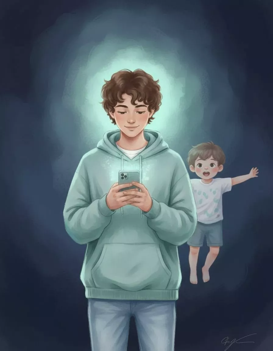 Young person with phone and childhood self - glow up face morph video