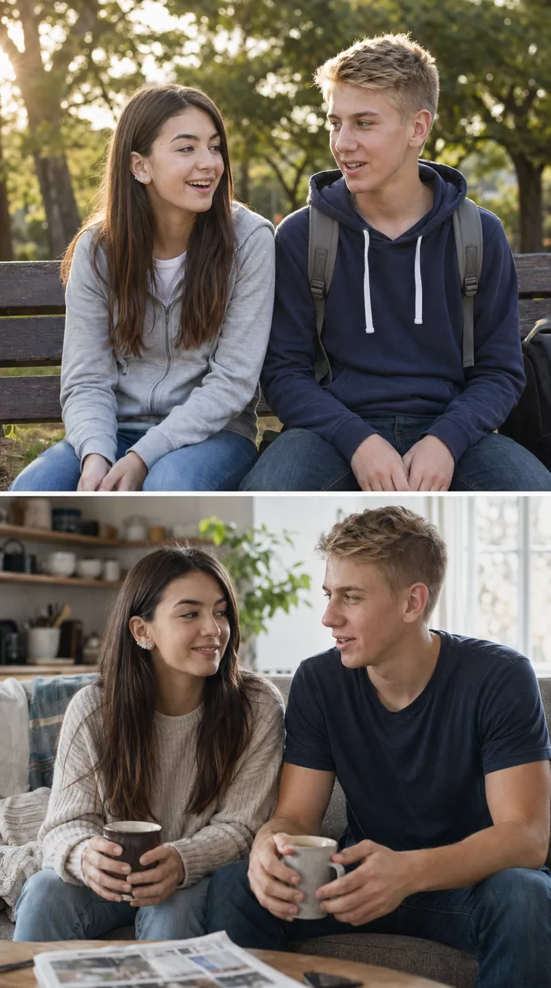 Split-screen input photos of a couple — teens and mid-thirties